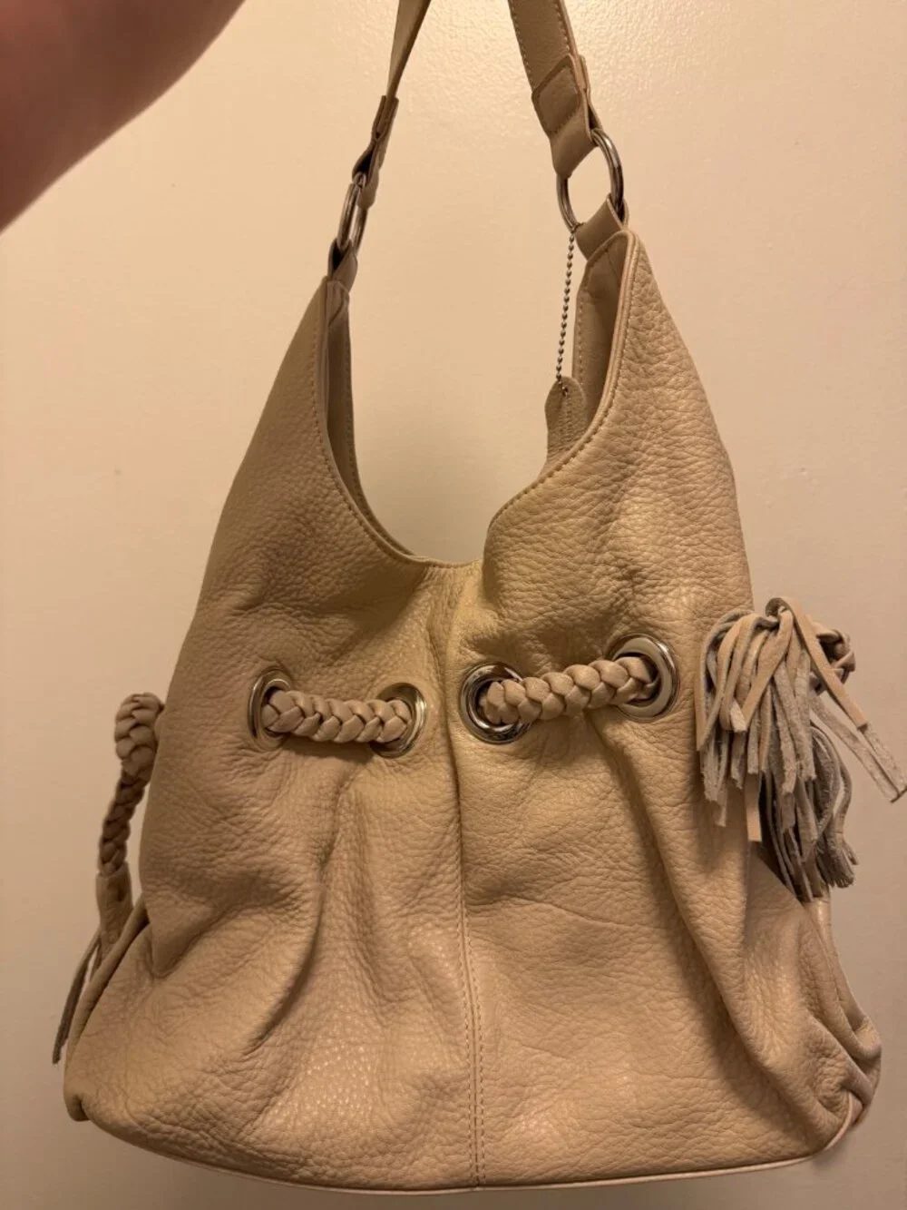 a.n.a (A New Approach) Cream/Beige Braided Tassel Slouchy Hobo Bag